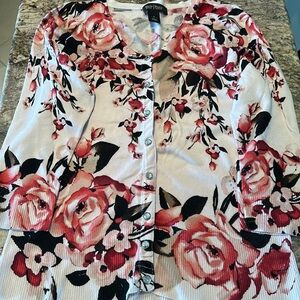 WHBM Women’s 3/4 length cardigan with floral design and rhinestone appliqué